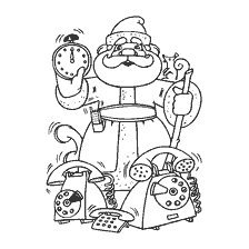 página para colorir: Pai Natal com brinquedos e telefones, preparando-se para o Ano Novo