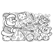 página para colorir: Papai Noel faz presentes com sua bolsa, enchendo-o com brinquedos e doces.