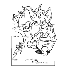 pagina da colorare: Illustrazione dalla fiaba di Kornei Chukovsky Cockroach con uno scarafaggio ed elefanti