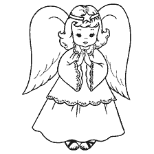 página para colorir: Desenho de uma menina no traje de um anjo com asas grandes
