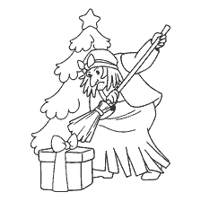 página para colorir: Baba Yaga decora a &aacute;rvore de Natal e prepara presentes