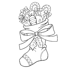 página para colorir: Meia de Natal decorada com doces e presentes