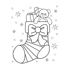 página para colorir: Meia de Natal cheia de presentes e brinquedos