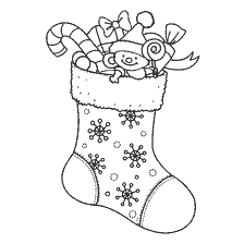 página para colorir: Colorir a meia de Natal com doces e brinquedos
