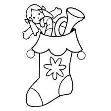 página para colorir: Meias de Natal com brinquedos e instrumento musical