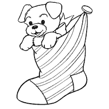 página para colorir: Colorir com um c&atilde;o espreitando de uma meia de Natal