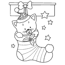 página para colorir: Um gato em uma meia de Natal, decorado com estrelas
