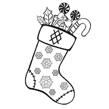 página para colorir: Meias de Natal com doces e galhos