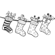 página para colorir: Colorir com meias de Natal cheias de doces e presentes