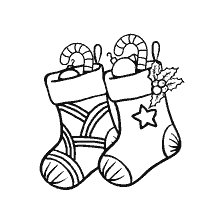 página para colorir: Meias de Natal coloridas com doces e ramos de abeto