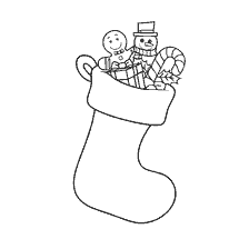 página para colorir: Meia de Natal com brinquedos e doces