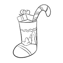 página para colorir: Meias de Natal com um presente e cana