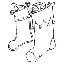 página para colorir: Meias de Natal cheias de presentes e doces