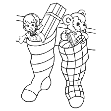 página para colorir: Colorir com meias de Natal e brinquedos