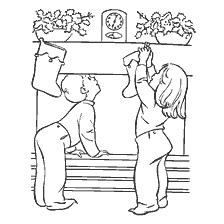 página para colorir: Crian&ccedil;as penduram meias de Natal sobre a lareira