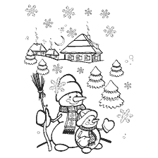 página para colorir: Dois bonecos de neve contra o fundo de uma paisagem de inverno com casas e &aacute;rvores de Natal