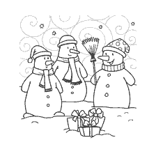 página para colorir: Tr&ecirc;s bonecos de neve contra o fundo da paisagem de inverno