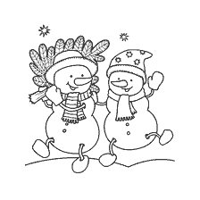 página para colorir: Dois bonecos de neve caminhando felizes juntos em um dia de inverno