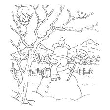 página para colorir: Colorir um boneco de neve em uma paisagem de inverno com &aacute;rvores e p&aacute;ssaros