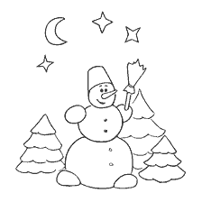 página para colorir: Homem de neve com vassoura e &aacute;rvores contra o fundo da lua e estrelas