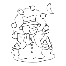 página para colorir: Snowman malabarismo Brinquedos de &aacute;rvore de Natal contra o fundo do c&eacute;u noturno