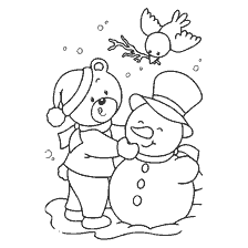 página para colorir: Urso e boneco de neve na paisagem de inverno