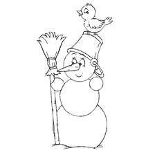 página para colorir: Um boneco de neve com uma vassoura e um p&aacute;ssaro em um balde