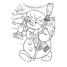 página para colorir: Um boneco de neve carregando presentes e uma vassoura contra uma &aacute;rvore de Natal.