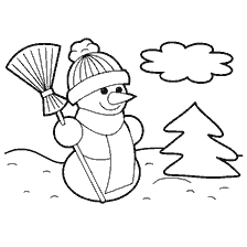 página para colorir: Um boneco de neve com uma vassoura contra uma &aacute;rvore e uma nuvem