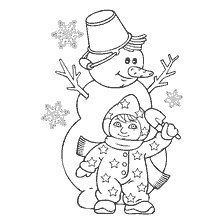 página para colorir: Desenho com um beb&ecirc; esculpindo um boneco de neve, contra o fundo de flocos de neve