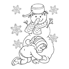 página para colorir: Uma garota esculpe um boneco de neve em uma paisagem nevada de inverno.