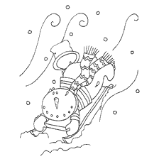 página para colorir: Um boneco de neve monta um tren&oacute; de uma corredi&ccedil;a em uma paisagem de inverno