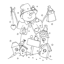 página para colorir: Homem de neve com alimentadores e p&aacute;ssaros contra o fundo da paisagem de inverno