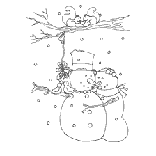 página para colorir: Colorir com dois bonecos de neve e esquilos em um ramo de &aacute;rvore