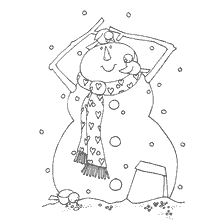 página para colorir: Um boneco de neve com um len&ccedil;o sorri enquanto alimenta os p&aacute;ssaros em uma paisagem nevada.