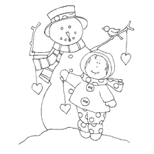 página para colorir: Um boneco de neve com cora&ccedil;&otilde;es e uma menina em um macac&atilde;o colorido