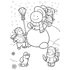 página para colorir: Crian&ccedil;as esculpir um boneco de neve em um dia de inverno com um c&atilde;o