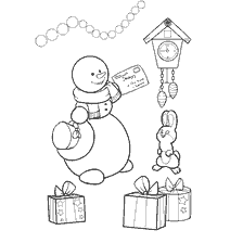 página para colorir: Homem de neve com uma carta, lebre e presentes no livro de colora&ccedil;&atilde;o