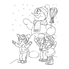 página para colorir: Crian&ccedil;as e boneco de neve em uma caminhada de inverno