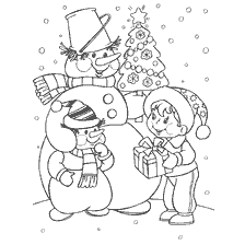 página para colorir: Um boneco de neve e uma crian&ccedil;a com um presente contra uma &aacute;rvore