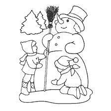 página para colorir: Crian&ccedil;as esculpir um boneco de neve contra o fundo da floresta de inverno