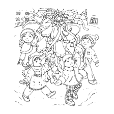 página para colorir: As crian&ccedil;as celebram Natal perto da estrela de Natal