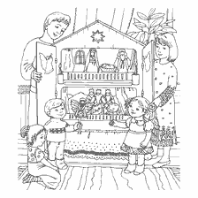 página para colorir: Crian&ccedil;as brincam com teatro de Natal