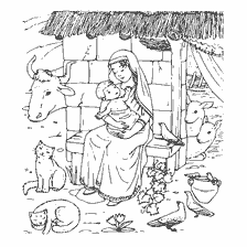 página para colorir: Desenho de Natal com Jesus e a Virgem cercada por animais