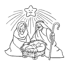 página para colorir: Desenho do nascimento de Jesus Cristo, Maria, Jos&eacute; e a estrela acima da manjedoura
