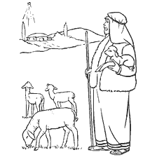 página para colorir: A colora&ccedil;&atilde;o de Natal retratando um pastor com ovelhas sob uma estrela anunciando o nascimento de Jesus Cristo.