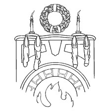 página para colorir: Desenho de uma lareira de Natal com uma grinalda, velas e fogo