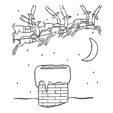 página para colorir: Um desenho do carrinho do Papai Noel com veado voando sobre telhados em uma noite de inverno.