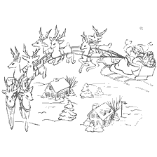 página para colorir: Papai Noel em um tren&oacute;, cercado por veados, oferece presentes