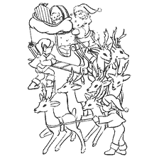 página para colorir: Pai Natal, Elfos e Veados no Natal Colorir